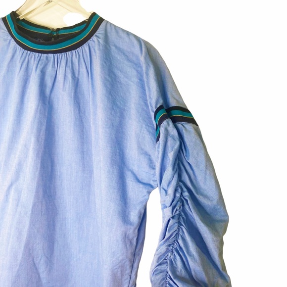 Zara Basic Chambray Tape Banded Shirred Sleeves Blouse Top Medium - Picture 4 of 7